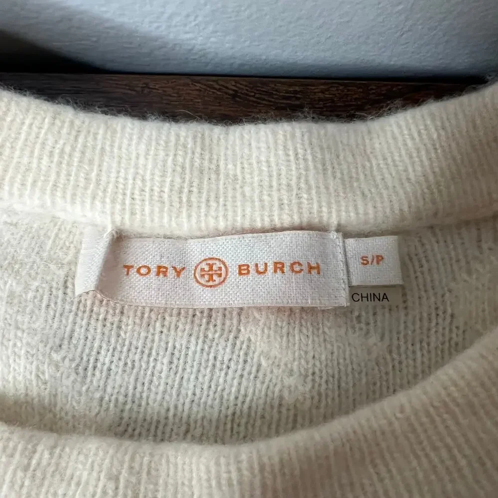 Tory Burch Ivory Textured‎ Chevron Wool Sweater Crewneck Women's S/P Old Money